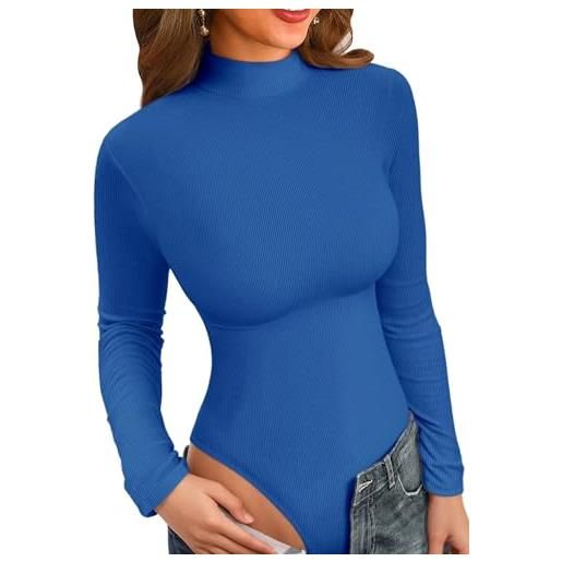 VICHYIE body da donna a maniche lunghe, elegante colletto alto, stile basic aderente, ideale come canottiera, blu, l