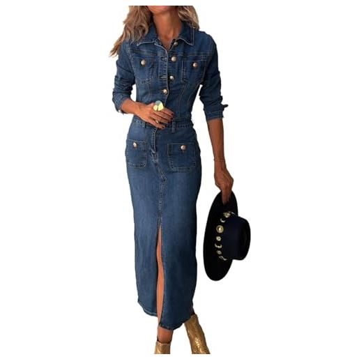 XUSAI vestito lungo in denim da donna autunno casual manica lunga abbottonatura frontale maxi vestito in jeans western vintage vestito con spacco da cowgirl