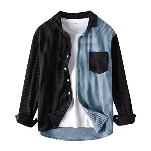 Oanviso camicia uomo giacca da uomo velluto a coste camicia con risvolto manica lunga casual camicia con pulsanti slim fit primavera splicing moda autunno colori contrastanti giacca retrò c blu xl