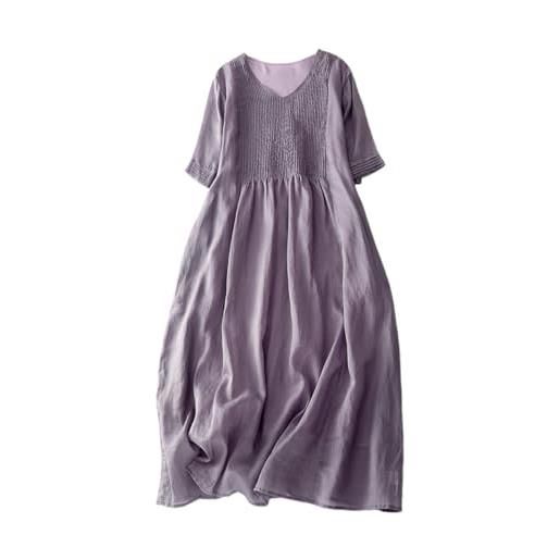 ORANDESIGNE abito lino lungo donna scollo v manica corta abito midi largo leggero estivo vestiti sciolto mare vestito elegante casual tinta unita spiaggia abiti boho vestito lungo a viola xs
