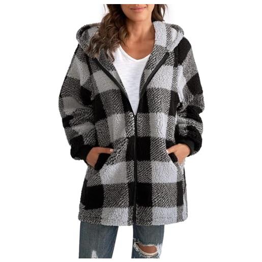 ABINGOO donna felpa con cappuccio in pile manica lunga giacche a scacchi e cappotti casual allentato outwear con tasche vello caldo giacca autunno inverno(grigio, m)