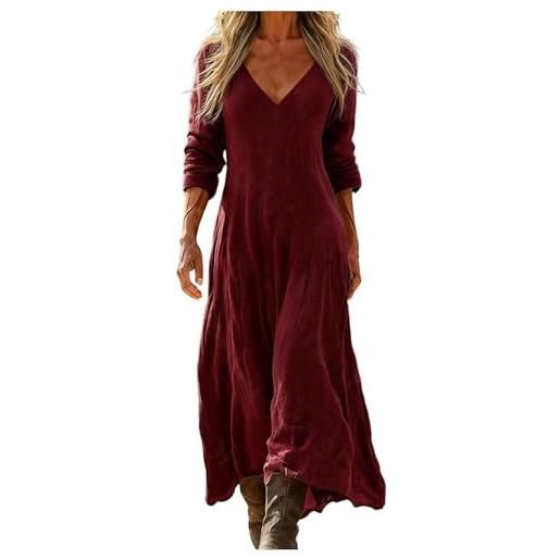 Generico vestito lino donna primavera estate abito lungo boho chic scollo a v manica 3/4 maxi vintage geometrico con tasche casual mare spiaggia vacanza taglie forti comodo elegante 2026