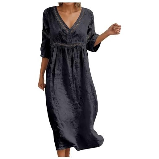 Generico vestiti estivi donna lino a maniche a 3/4 chic abiti vacanza comodo taglie forti vestito lungo scollo a v largo abito da spiaggia tinta unita morbido e traspiranti per mare spiaggia vacanza s-3xl