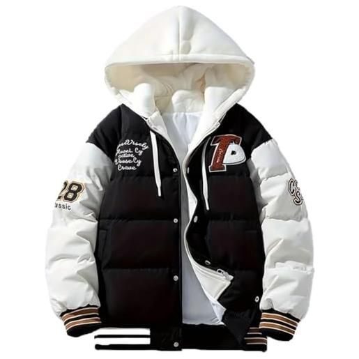 Goolecrimp uomo hip hop moda varsity con cappuccio piumino impiombato falso giacca da baseball con cappuccio inverno all'aperto ispessito giù giacca di cotone (nero, l)