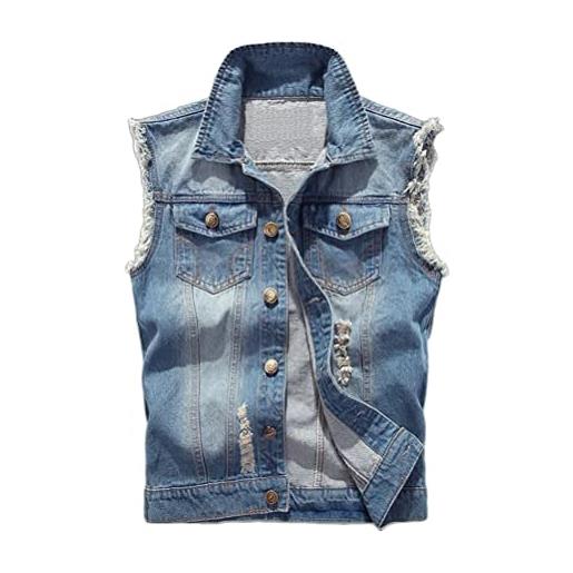 ORANDESIGNE gilet per uomo vintage strappato gilet di jeans da uomo fresco senza maniche giacca jeans capispalla f azzurro xl