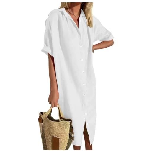 shownicer vestiti donna estivi abito in lino scollo a v manica corta vestiti casual tinta unita vestito lunga camicia vestiti da spiaggia midi dress a bianco m