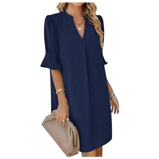 AUSELILY vestito donna elegante estivo scollo a v con volant e tasche | taglio a trapezio, scollo a v con colletto, maniche con volant, comode tasche e tessuto leggero fresco e traspirante