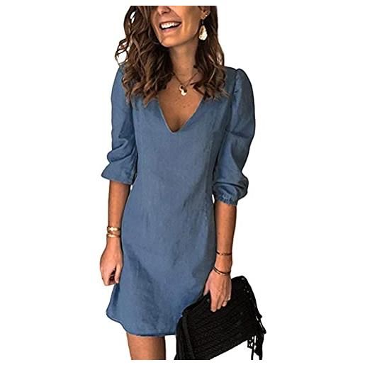 ORANDESIGNE blu scuro vestiti jeans donna estivi vestiti camicia donna maniche corte estate casual vestito scoll a v camicia vestito denim vestiti allentata abiti a blu scuro l