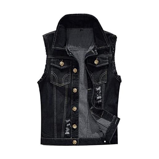 ORANDESIGNE gilet per uomo vintage strappato gilet di jeans da uomo fresco senza maniche giacca jeans capispalla f nero xxl
