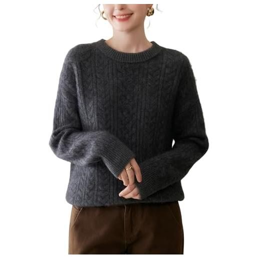 DISSA gilet donna collo rotondo ampio cashmere e lana, eu 40-42 | maniche lunghe, maglia spessa a treccia, apertura frontale, vestibilità ampia, texture accattivante