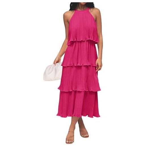 ZESICA, abito midi da donna, per estate 2026, senza maniche, con scollo all'americana, volant e gonna a balze in chiffon leggero e fluido, rosa, m