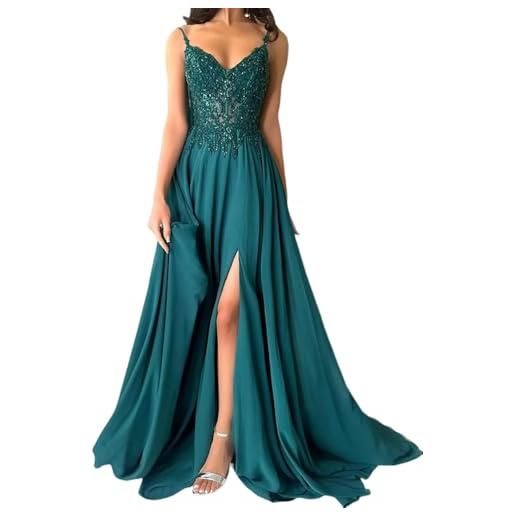 shownicer abito cerimonia donna vestito lunghi eleganti matrimonio abito da sera in chiffon vita alta scollo a v abiti in pizzo vestiti con spacco a verde1 48