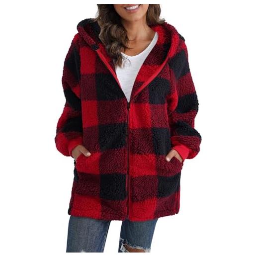 ABINGOO donna felpa con cappuccio in pile manica lunga giacche a scacchi e cappotti casual allentato outwear con tasche vello caldo giacca autunno inverno(rosso, s)