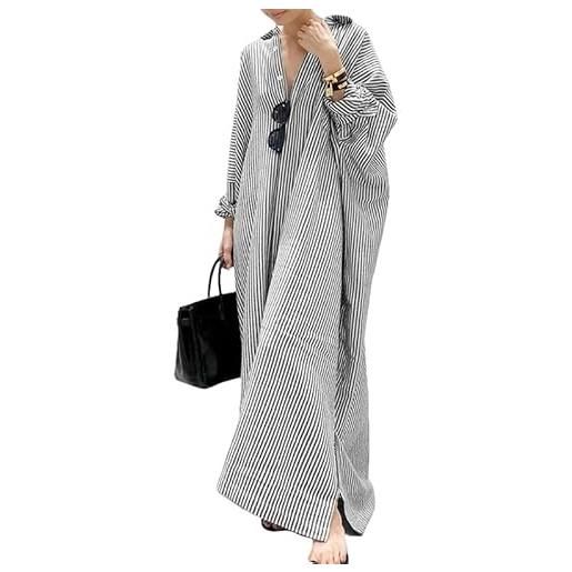 LIUYUYOUGO vestito donna abiti a righe per donna taglie forti abito lungo in cotone e lino a maniche lunghe casual ampio con bottoni caftano estivo elegante oversize tunica lunga da spiaggia camicet