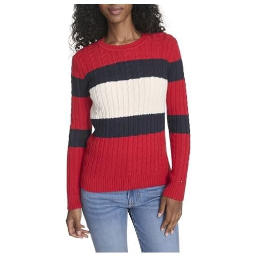 Tommy Hilfiger maglione da donna in cotone girocollo a trecce, scarlet multi colorblock, m