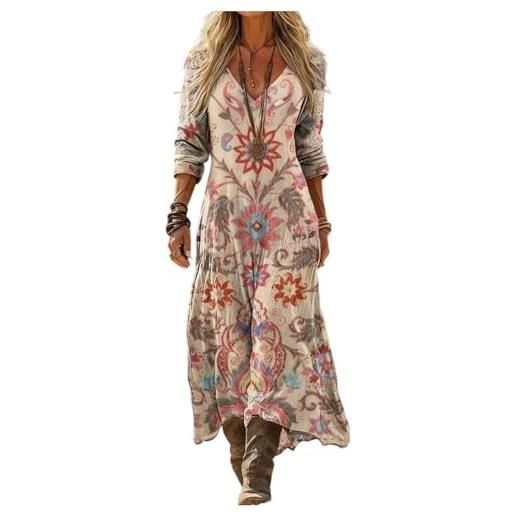 Generico vestito lino donna primavera estate abito lungo boho chic scollo a v manica 3/4 maxi vintage geometrico con tasche casual mare spiaggia vacanza taglie forti comodo elegante 2026