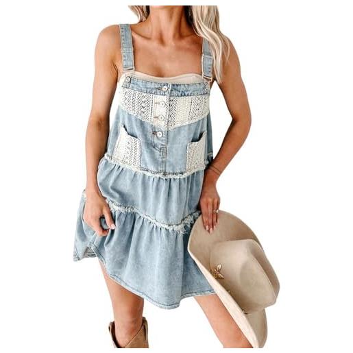 Goolecrimp vestito estivo classico da donna con spalline regolabili senza maniche e schiena in denim con spalle scoperte pizzo uncinetto patchwork e strati in denim (azzurro, s)