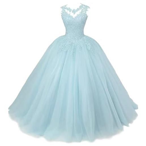 Zorayi abito da donna elegante in pizzo tulle, abito da sera lungo da ballo, abito da sposa, azzurro, 40