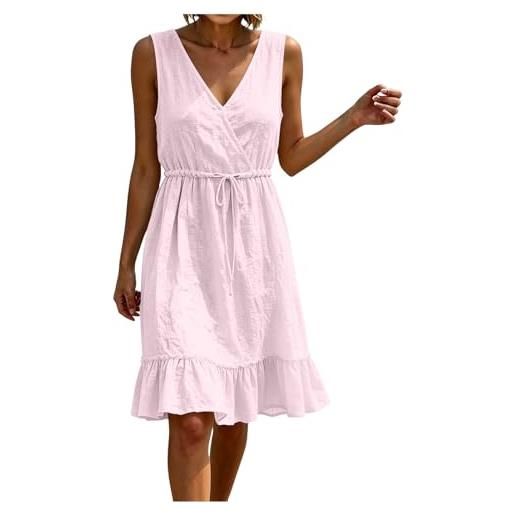 Generico abito lino donna estivo lungo maniche lunghezza al ginocchio casual da spiaggia leggero vestito donna estivo senza maniche scollo a v lino leggero, traspirante, per vacanze spiaggia casa tinta unita