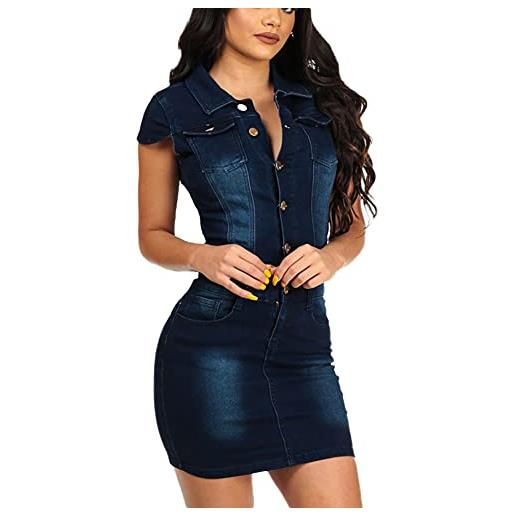 YAOTT donna abito in jeans elegante moda mini abito vestiti di jeans slim-fit estivi abito camicia a manica corta chic retro bodycon vestito gonna a tubino denim abito da cocktail clubwear con bottoni s