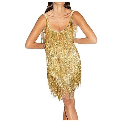 Qianderer mini abito da donna con paillettes glitterate, frange a strati, profondo scollo a v, schiena scoperta, senza maniche, con nappa, abito da discoteca, feste, ballo studentesco, scintillante