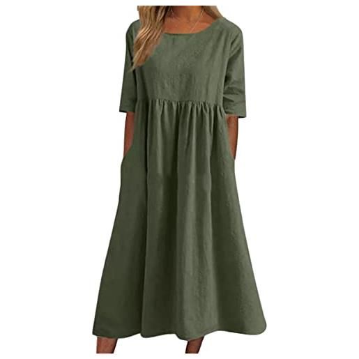 ORANDESIGNE vestiti in lino donna casual colore solido tunica bottone tinta unita eleganti scollo a v manica corta midi abito boho vestito lungo da spiaggia estivi e army green xl
