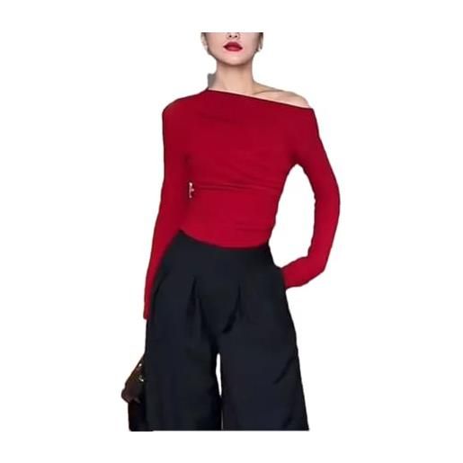 Tdvcpmkk maglietta asimmetrica da donna con scollo inclinato, colore bianco nero e rosso, con spalle scoperte, divertente, slim