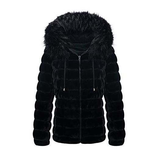 Giolshon giubbotto donna reversibile in eco pile, piumino corto invernale con cappuccio e collo in pelliccia 19225 nero xxl