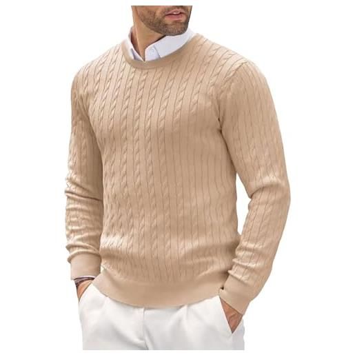 Generisch maglione a maglia uomo cotone, pullover slim fit elegante felpa motivo a treccia cardigan maniche lunghe girocollo felpe leggera comoda felpa tempo libero versatile giacca felpa, beige. , l