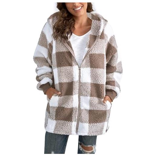 ABINGOO donna felpa con cappuccio in pile manica lunga giacche a scacchi e cappotti casual allentato outwear con tasche vello caldo giacca autunno inverno(marrone, s)