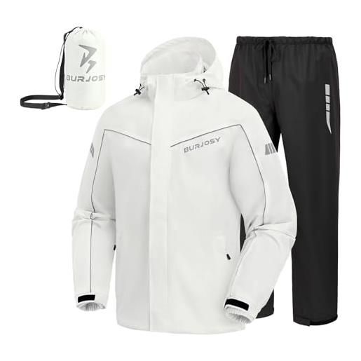 Burjosy tuta antipioggia impermeabile per uomo, set di giacca e pantaloni da pioggia ripiegabile, impermeabile riflettente con cappuccio antivento per attività all'aperto