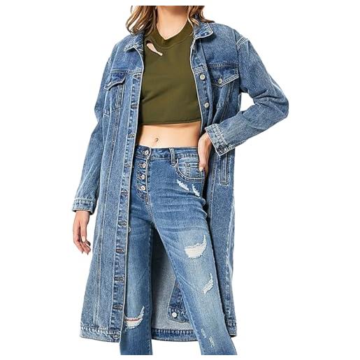 ORANDESIGNE cappotti lunghi da donna in denim trench con cintura cappotto da giacca di jeans lungo giubbotto vintage blu strappato a maniche lunghe con bottoni transizione capispalla c blu l