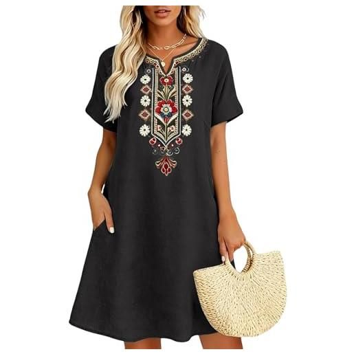 Chanpning vestiti estivi donna cotone lino ricamo floreale abiti boho chic dress vestito da mare elegante abiti cerimonia manica corta scollo a v al ginocchio vestito donna estivo corto casual