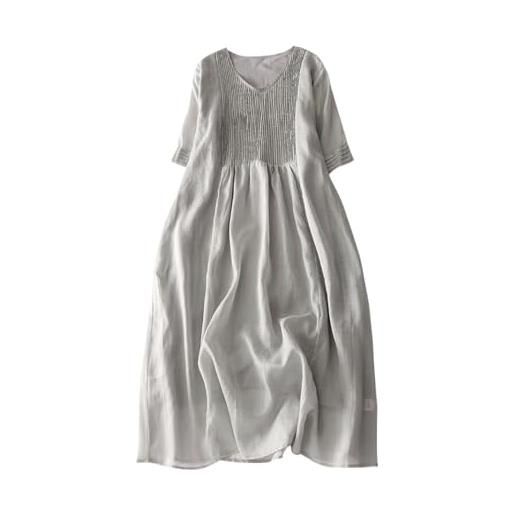 ORANDESIGNE abito lino lungo donna scollo v manica corta abito midi largo leggero estivo vestiti sciolto mare vestito elegante casual tinta unita spiaggia abiti boho vestito lungo a grigio xl