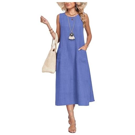 AUSELILY vestito estate donna maxi midi - abito lungo primavera estate senza maniche a scollo tondo con tasche - outfit spiaggia, vacanze, serata blu s
