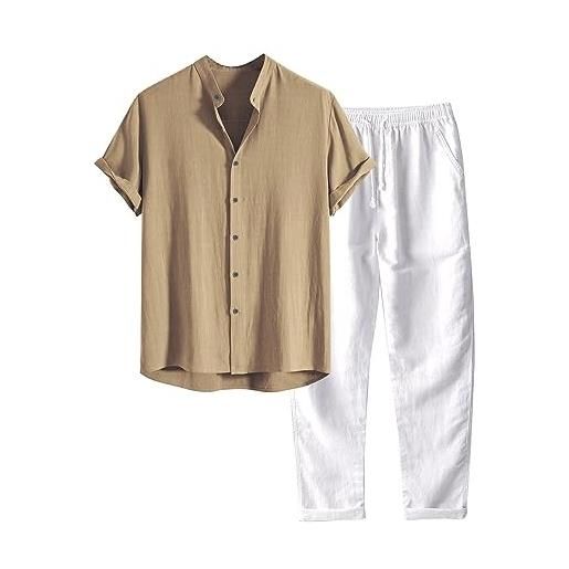 Generico completo uomo estivo, completo estivo da uomo 2 pezzi casual per spiaggia tuta completa in cotone e lino maglietta + pantaloni con coulisse set uomini corti in cotone
