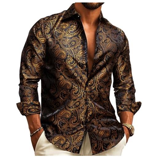 Barry.Wang camicie da uomo paisley in seta a maniche lunghe con bottoni, camicia da giù elegante per matrimoni, feste, cerimonie e occasioni formali, taglia grande e alta, nero , m