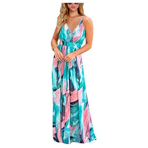 BUOYDM vestiti donna estivi lunghi casual eleganti abiti donna scollo a v senza maniche vestito boho fiore stampato maxi lunga sexy vacanze spiaggia blu xxl