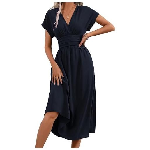 QUNERY abito donna estivo manica corta vestiti vita alta a line abiti scollo a v elegante vestito estivi lunghi casual abito spiaggia marina militare s