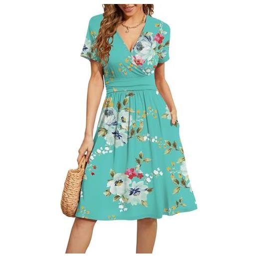 Actcat abito con scollo a v, a maniche corte, casual, estivo, floreale, per feste, con tasche, elegante, blusa, da donna, a linea, l