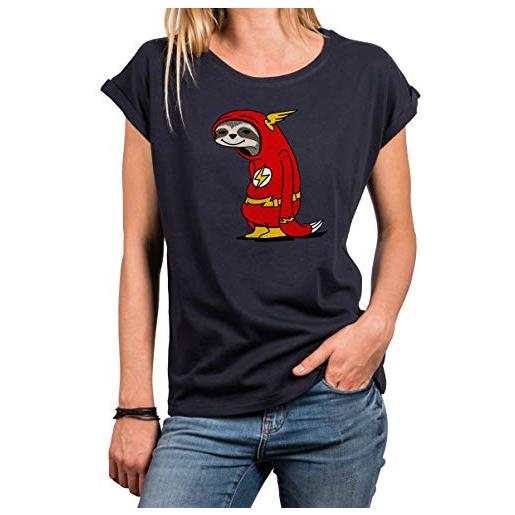 MAKAYA magliette donna manica corta divertenti - flash bradipo sloth - supereroi t-shirt divertenti sheldon blu s