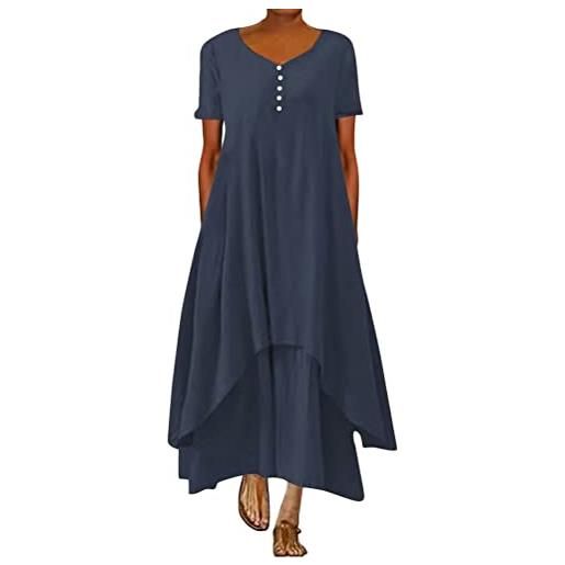 ORANDESIGNE abito lungo donna cotone e lino caftano boho abito ampio casual moda manica lunga scollo a v abiti lunghi vestito estivo taglie forti eleganti vestiti 2 in 1 maxi abito b marino 3xl