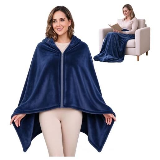 ZCJ poncho donna invernale, mantello in pile spesso con chiusura lampo come coperta e calda giacca per ufficio, viaggi, divano
