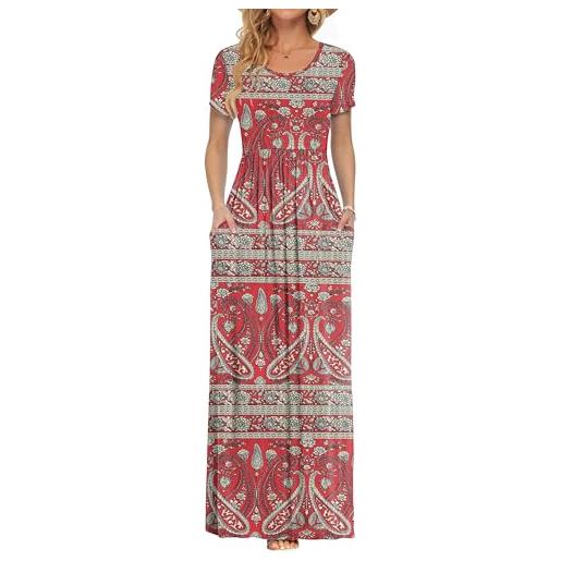 AUSELILY maxi abito per donna estate casual vestito a maniche corte per gonna lunga con tasche rosso paisley s