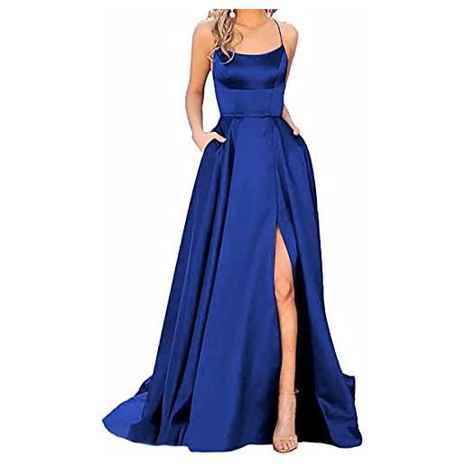 Earnmore abito da ballo in raso da donna, lungo, elegante, con allacciatura al collo, linea ad a, incrocio sulla schiena, spalline sottili, abito da sera o matrimonio, con tasche, blu scuro, 44