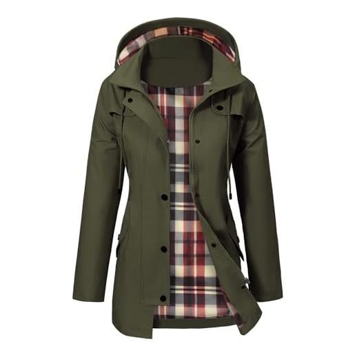 PASUDA giacca impermeabile donna giacca trench pioggia con cappuccio parka lungo giacca a vento traspirante leggero antipioggia antivento all'aperto (verde militare, xl)