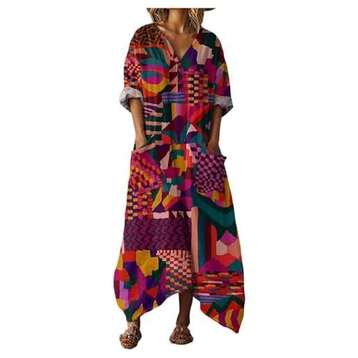 Generico abito lungo donna boho chic in lino scollo a v maniche lunghe, vestito maxi floreale vintage con tasche per mare spiaggia vacanza primavera taglie forti elegante comodo