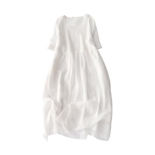 ORANDESIGNE abito lino lungo donna scollo v manica corta abito midi largo leggero estivo vestiti sciolto mare vestito elegante casual tinta unita spiaggia abiti boho vestito lungo a bianco xxl