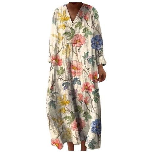 Generico abito lungo donna boho chic in lino scollo a v maniche lunghe, vestito maxi floreale vintage con tasche per spiaggia mare vacanza primavera taglie forti comodo elegante 2026