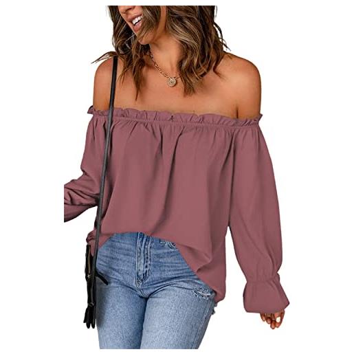 JECTZ maglietta tunica casual estiva con spalle scoperte top con maniche svasate camicia in chiffon sexy con spalle scoperte da donna top con spalle scoperte da donna(pink/s)